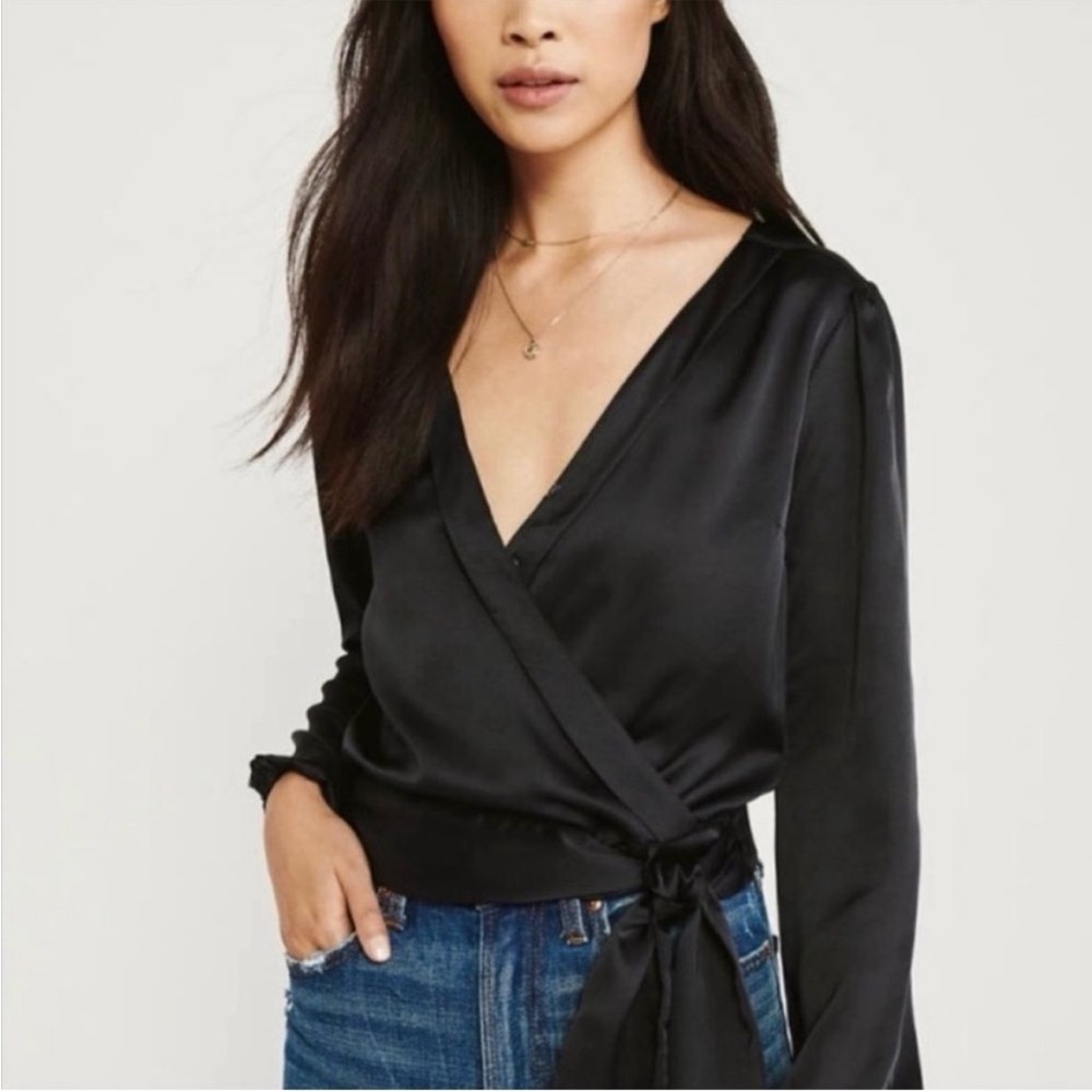 Abercrombie & Fitch Black Satin Long Sleeve Blouse Tie Front Blouse